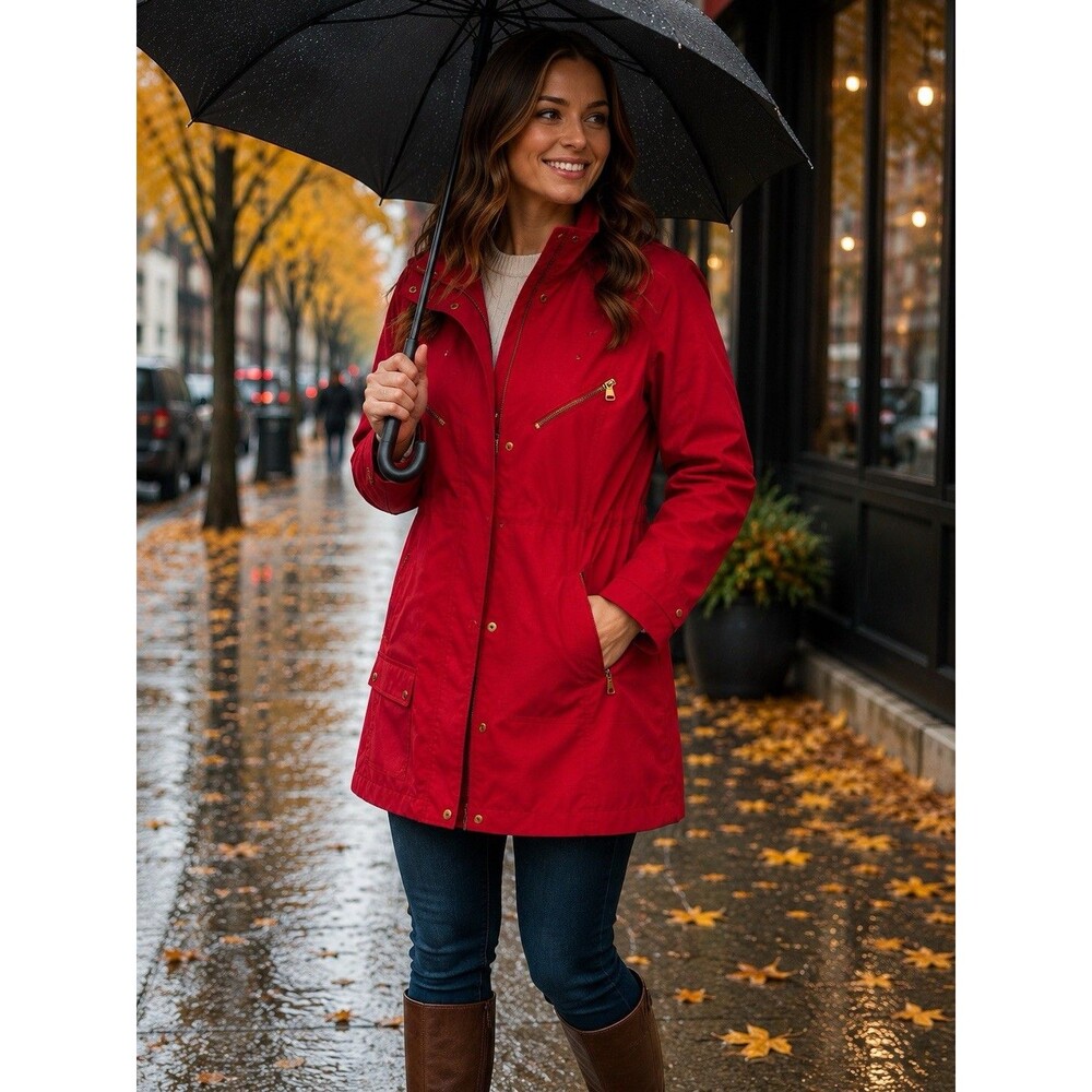 Style & Co Sport Red Rain Jacket Coat w/ Packable Hood Women's Size XL